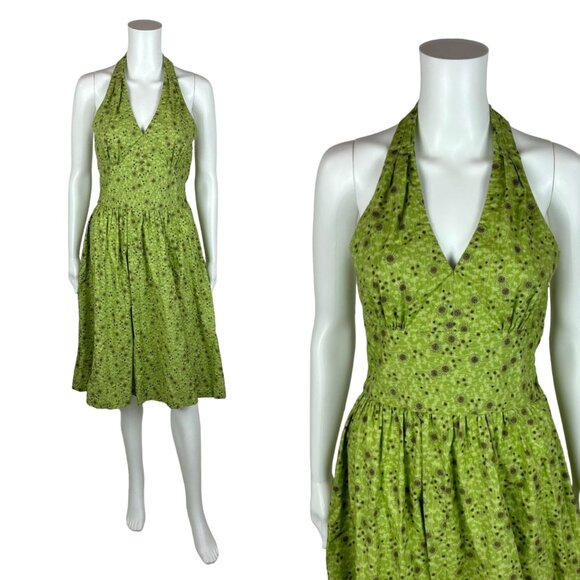 Vintage 50s Style Dress Women's XXS Atomic Starbursts Print Lime Gold Halter Sun - Picture 1 of 13